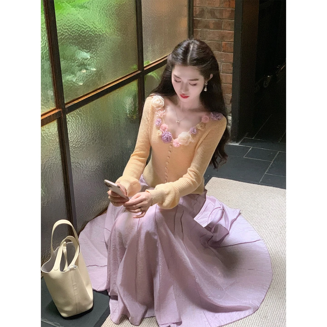 凌茜恣禾【浆果日记】杏色针织减龄显瘦上衣紫色半裙套装