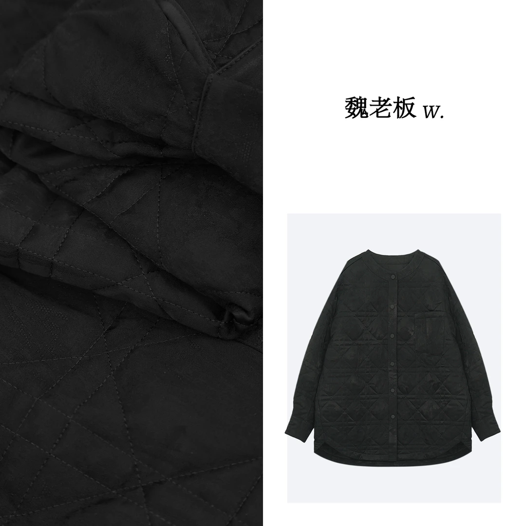 W.Diva【诺爱】高级感宽松廓形圆领藤格纹棉服51C311347