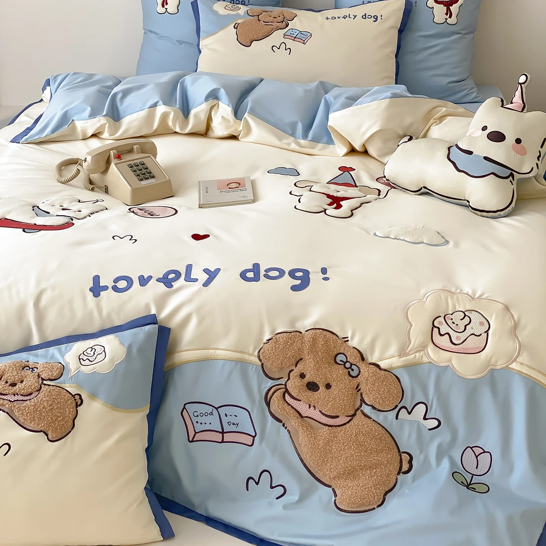 卡通可爱小狗长绒棉纯棉四件套全棉贴布绣被套床单儿童款床上用品