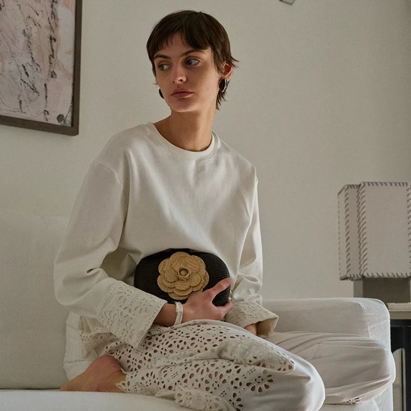 【小柔专属】 法式复古雕孔绣花宽松长袖t恤+松紧腰棉麻裤