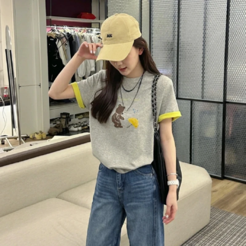樊范儿2025新款撞色小熊时尚百搭休闲上衣圆领女T恤-25119