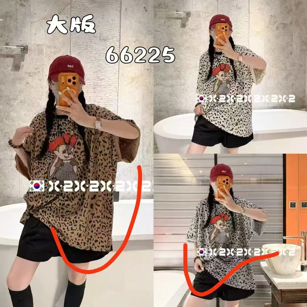 66225夏季宽松大码圆领豹纹米奇印花显瘦百搭短袖T恤