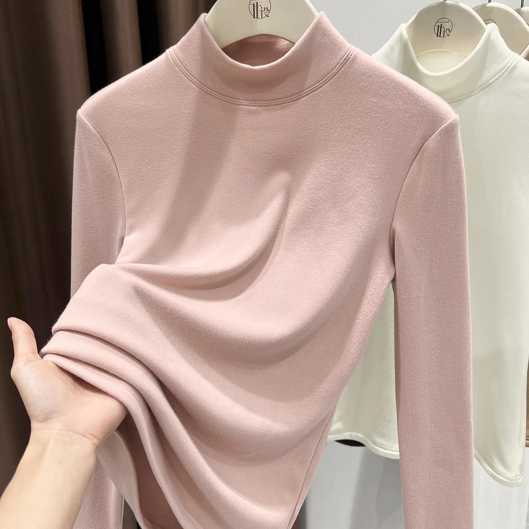 超好看质感摇粒绒半高领保暖内搭打底衫女秋冬加绒厚德绒立领上衣