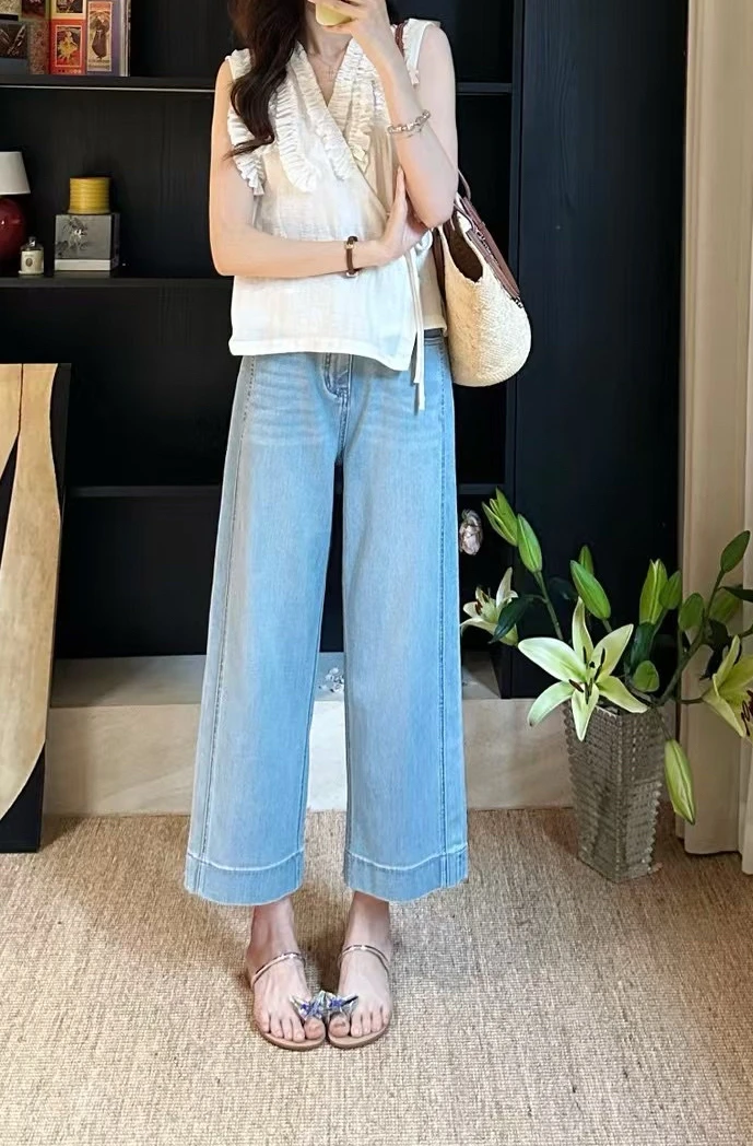 夏日万能裤 松紧腰八分超薄牛仔阔腿裤 显瘦