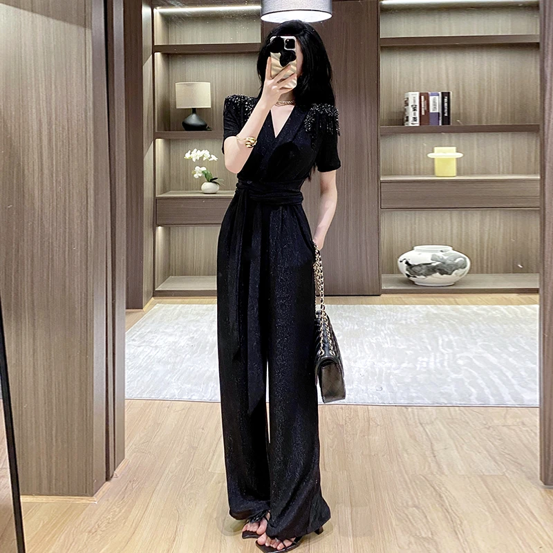 夏季2025新款修身显瘦钉珠连体阔腿裤套装女气质一体式连身连衣裤