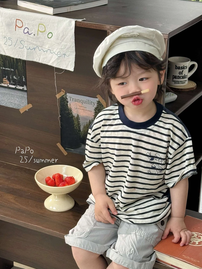 赫一童品papo25夏条纹ab面印花柔软透气短袖工装口袋裤