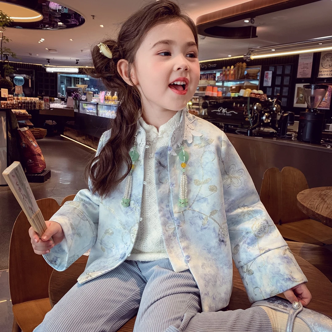 【现货】女童新中式外套秋装2025新款国风刺绣唐装盘扣汉服Q250001