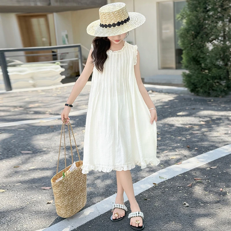 女童夏季连衣裙2025新款儿童中长款不规则甜美长裙宽松无袖背心裙