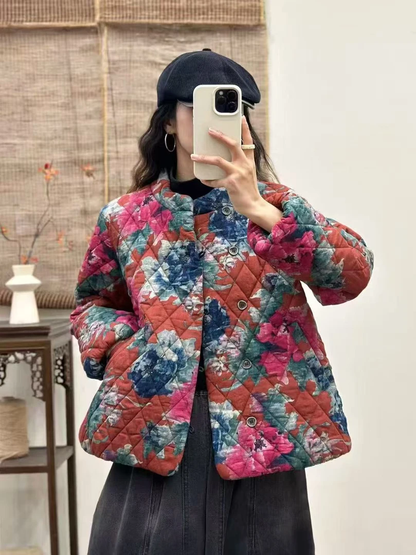 加厚款短款女保暖常规印花棉服棉衣盘扣棉袄上衣外套