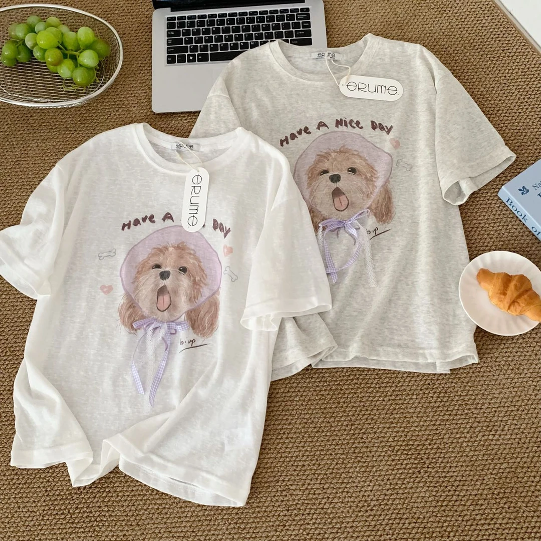 小雅姐姐  【蝴蝶结小狗】夏季新款休闲短袖T恤IV66