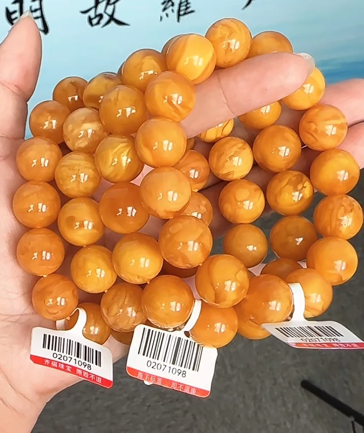 【齐福珠宝】TJ1098/14mm天然琥珀蜜蜡圆珠手串（多样性发其一）