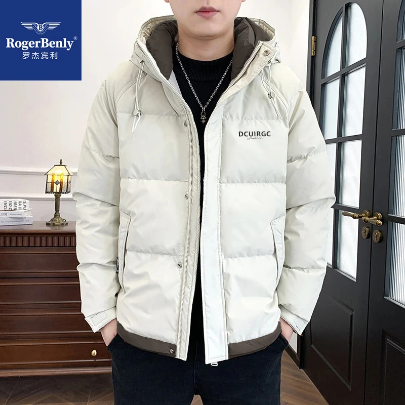 罗杰宾利羽绒服男设计感拼色连帽外套2024冬款防寒保暖上衣866630
