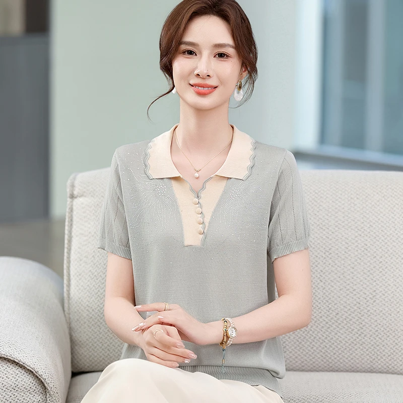 母亲节夏季夏装冰丝短袖T恤洋气针织小衫中老年妈妈装上衣夏装
