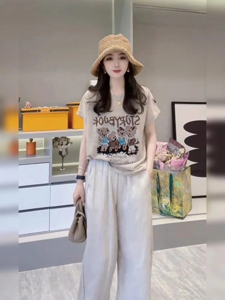 微胖显瘦穿搭套装小众时尚高级感显瘦宽松套头圆领短袖两件套女装