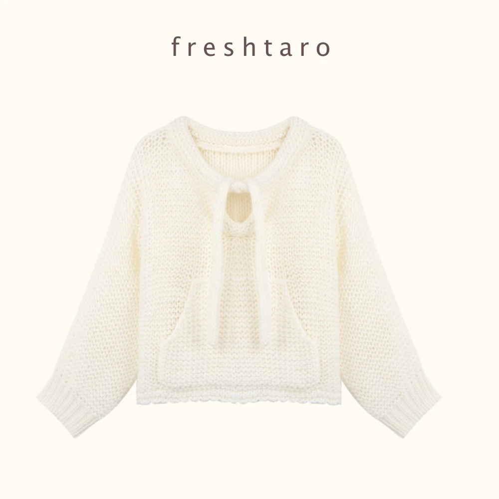 freshtaro 镂空+粗针 奶白氛围感系带蝴蝶结外搭毛衣