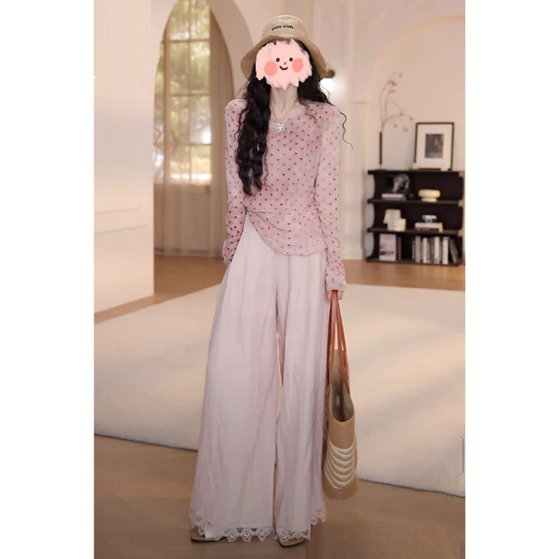 慵懒风时尚套装女2025夏季新款波点收腰防晒T恤松紧腰裤子两件套