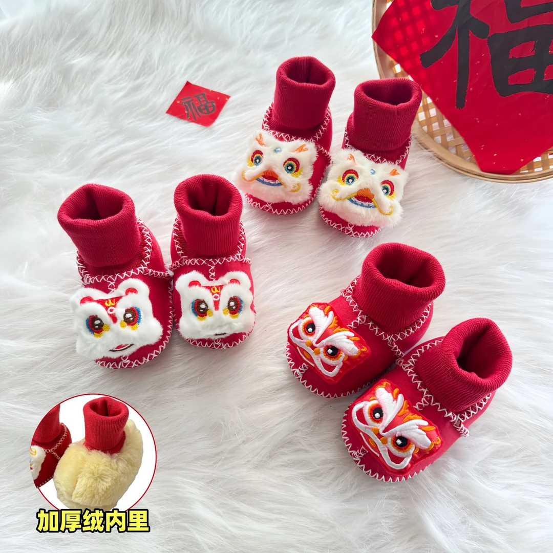 婴幼儿鞋子加绒加厚保暖鞋袜男女宝宝喜庆虎头鞋新生儿不掉跟棉鞋