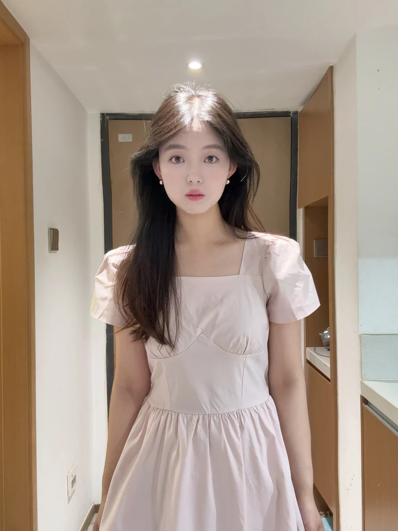 Nideaxi法式方领长裙弹力泡泡袖V领连衣裙收腰裙子