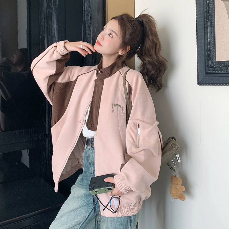 美式慵懒chic撞色棒球服外套女春秋2025新款宽松休闲短款工装夹克