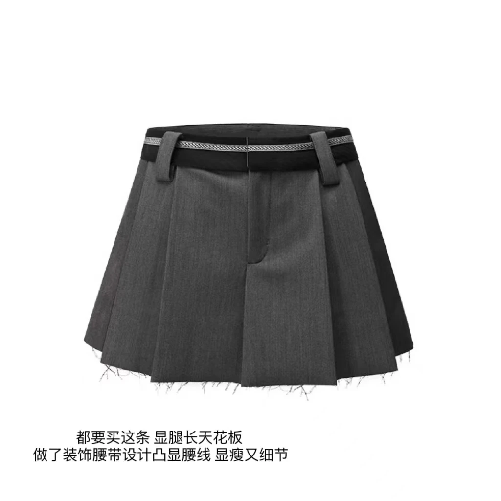 徐秋阳 精致腰头百褶裙 春夏西装裙裤带安全里衬设计感小众 3591