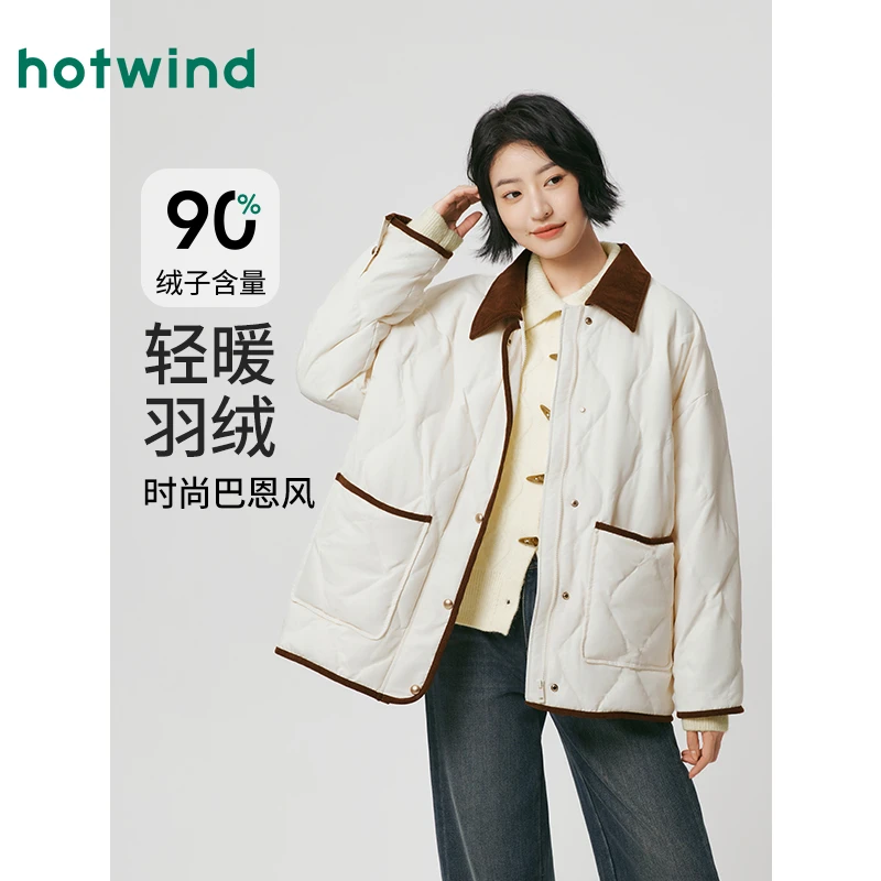 热风2025年冬季新款女士拼色翻领羽绒服F12W25406