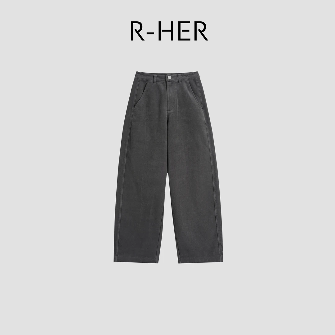 R-HER“丝绒黑巧”拉链休闲裤宽松百搭保暖厚款时尚直筒裤RP5NK1083