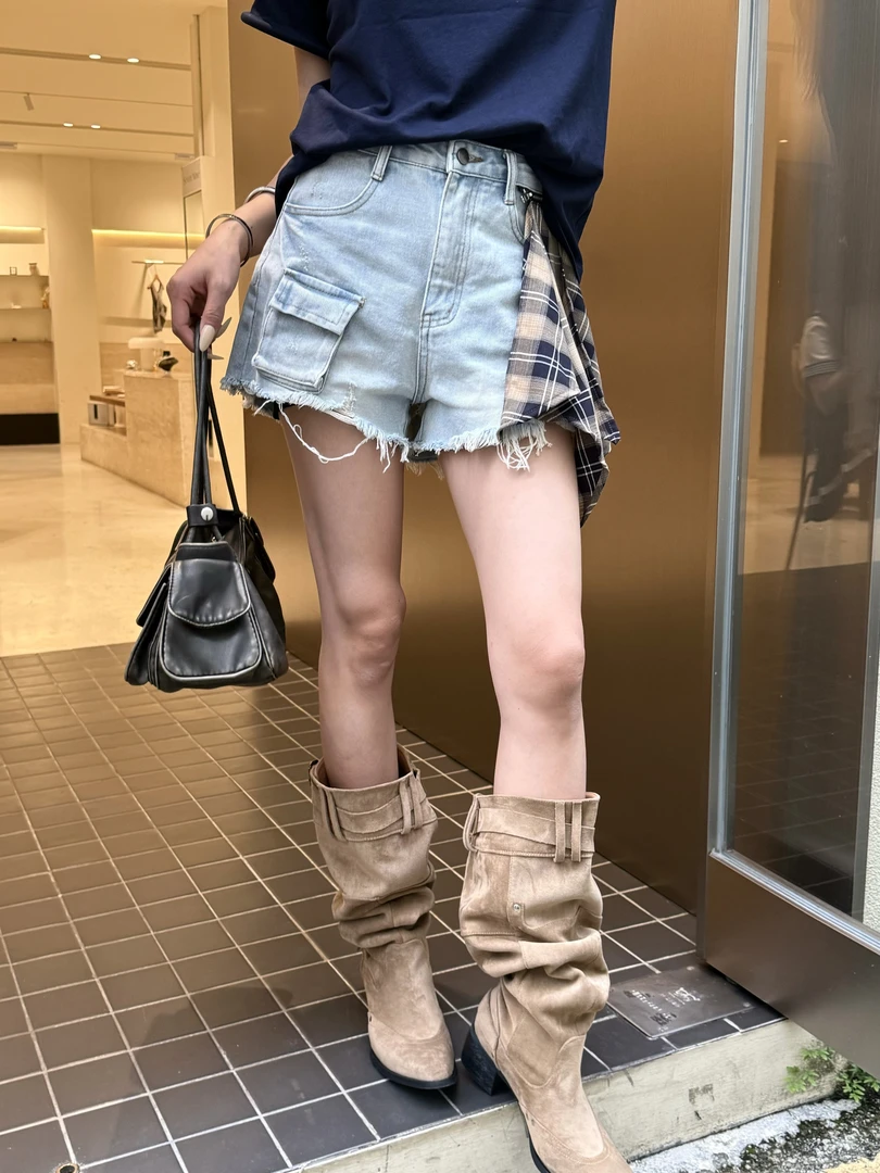火火自制【格子拼接】夏季新款重工格子拼接下摆时尚显瘦牛仔短裤