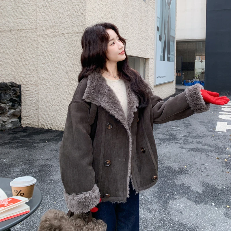 复古炸街皮毛一体外套2025冬季新款甜酷氛围感ins风加绒加厚棉衣