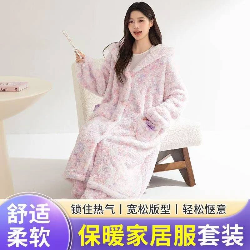 【彩虹糖】加厚情侣冬季家居外出套装网红粉色加绒毛绒