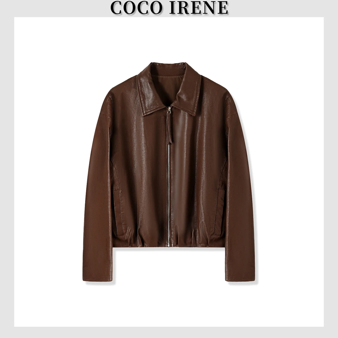 COCO IRENE【L家同款】大牌设计款A极纳帕皮 绵羊皮短款夹克上衣女