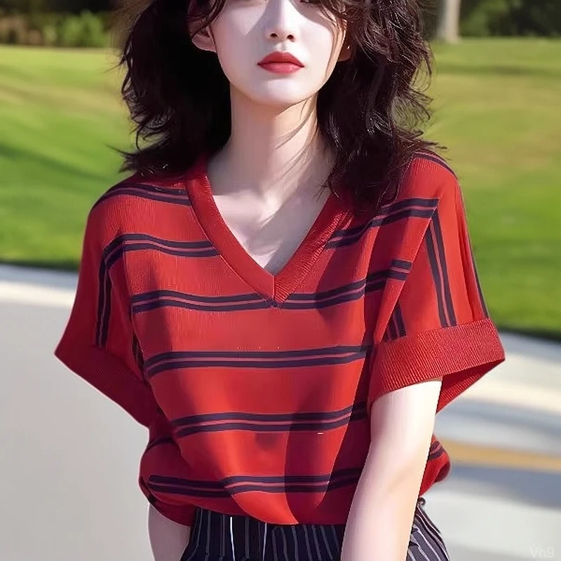 韩系复古慵懒撞色条纹针织T恤女2025夏季款洋气百搭针织小衫chic