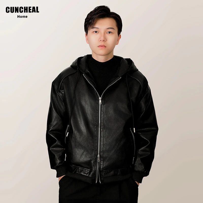 CUNCHEAL【重磅夹棉皮衣】 2024新款连帽拉链皮夹 保暖皮衣外套男