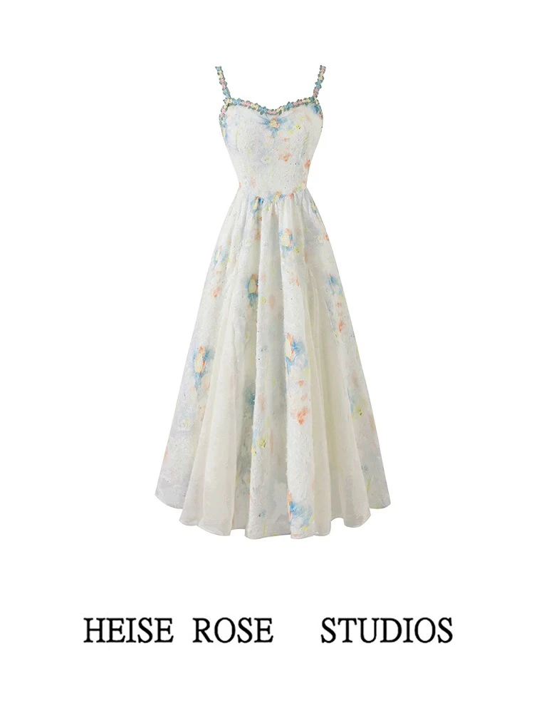 法式气质衣服甜美连衣裙长裙港妹海边连衣裙碎花新款吊带日常夏季