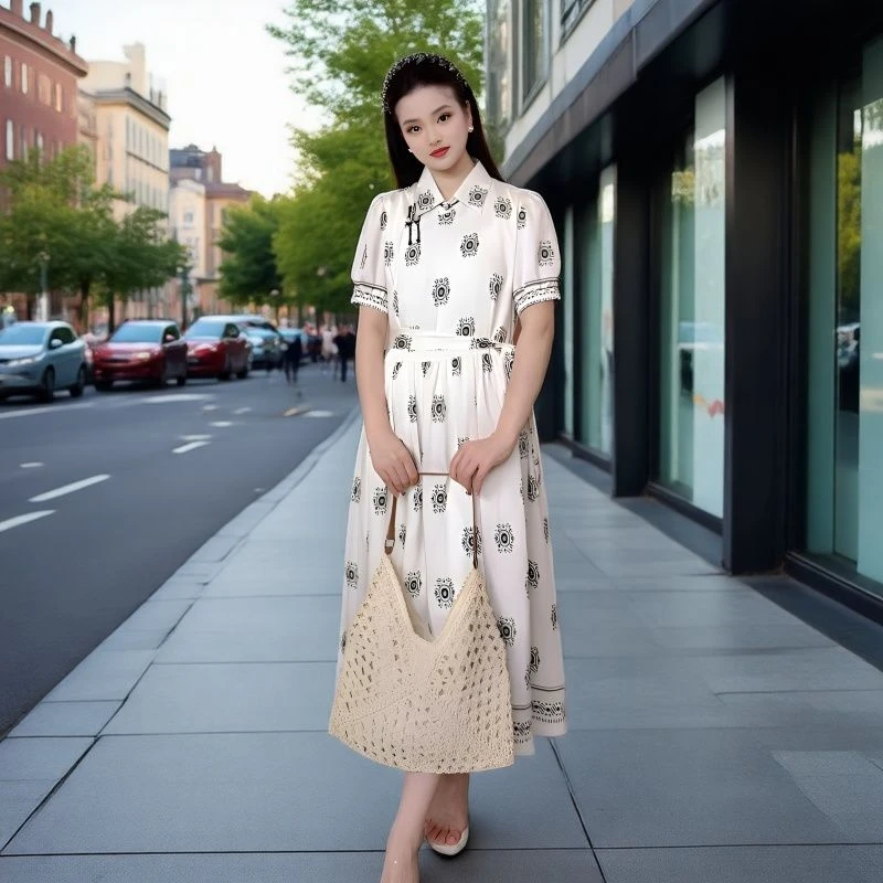 【多妮娅】蒙古元素夏季新款印花斜襟时尚气质收腰显瘦蒙族夏天服装