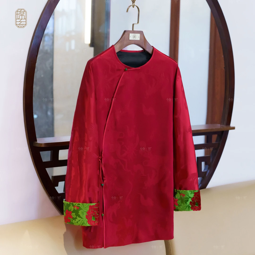 【锦系】冠乐缎桑蚕丝袖口撞色圆领斜襟长袖外套-E-382430