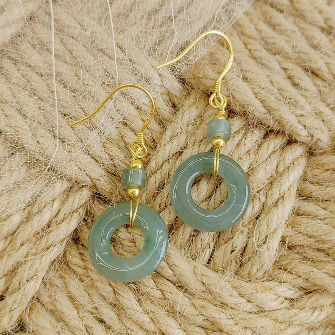 翡翠平安环搭翡翠桶珠S925银耳钩约14-15mm