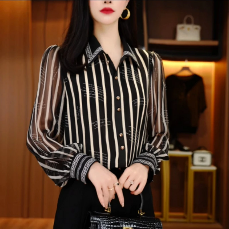 （运费险）2025年初秋款女条纹气质长袖修身百搭休闲时尚大码衬衣洋