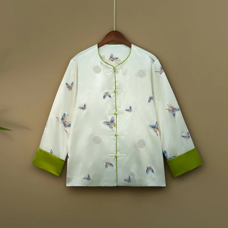 【白蝶】2024春夏新款新中式复古气质外套女宽松国风圆领绣花上衣女