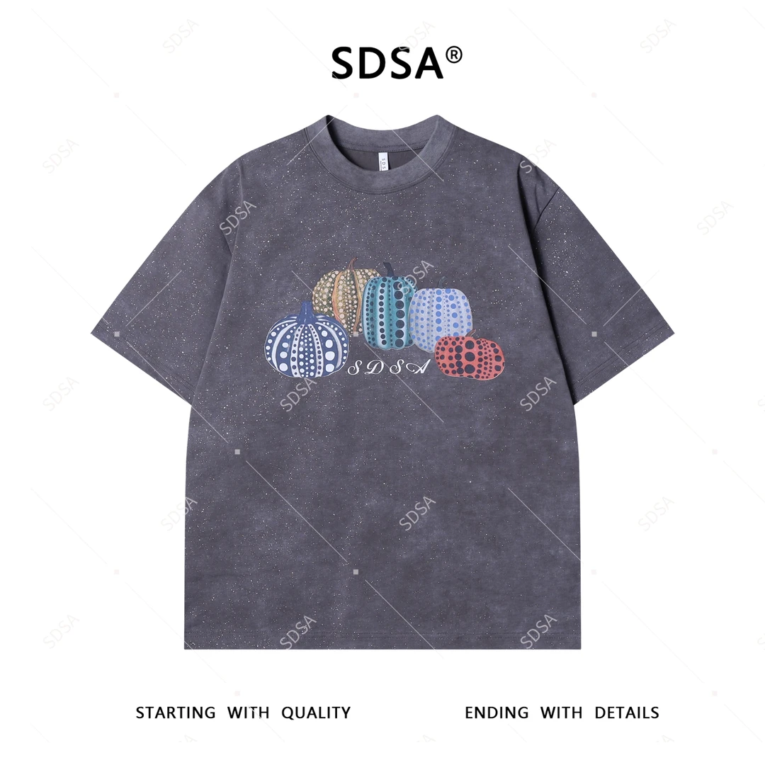 夏季高级感新款男士满天星彩色瓜印花短袖T恤复古宽松圆领上衣