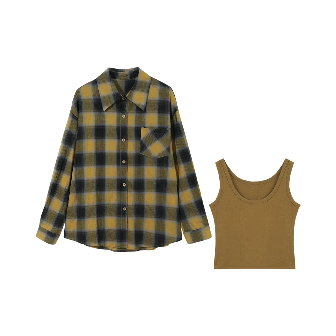 "格纹焦糖拿铁"2025秋季琥珀流光衬衫+背心两件套K002
