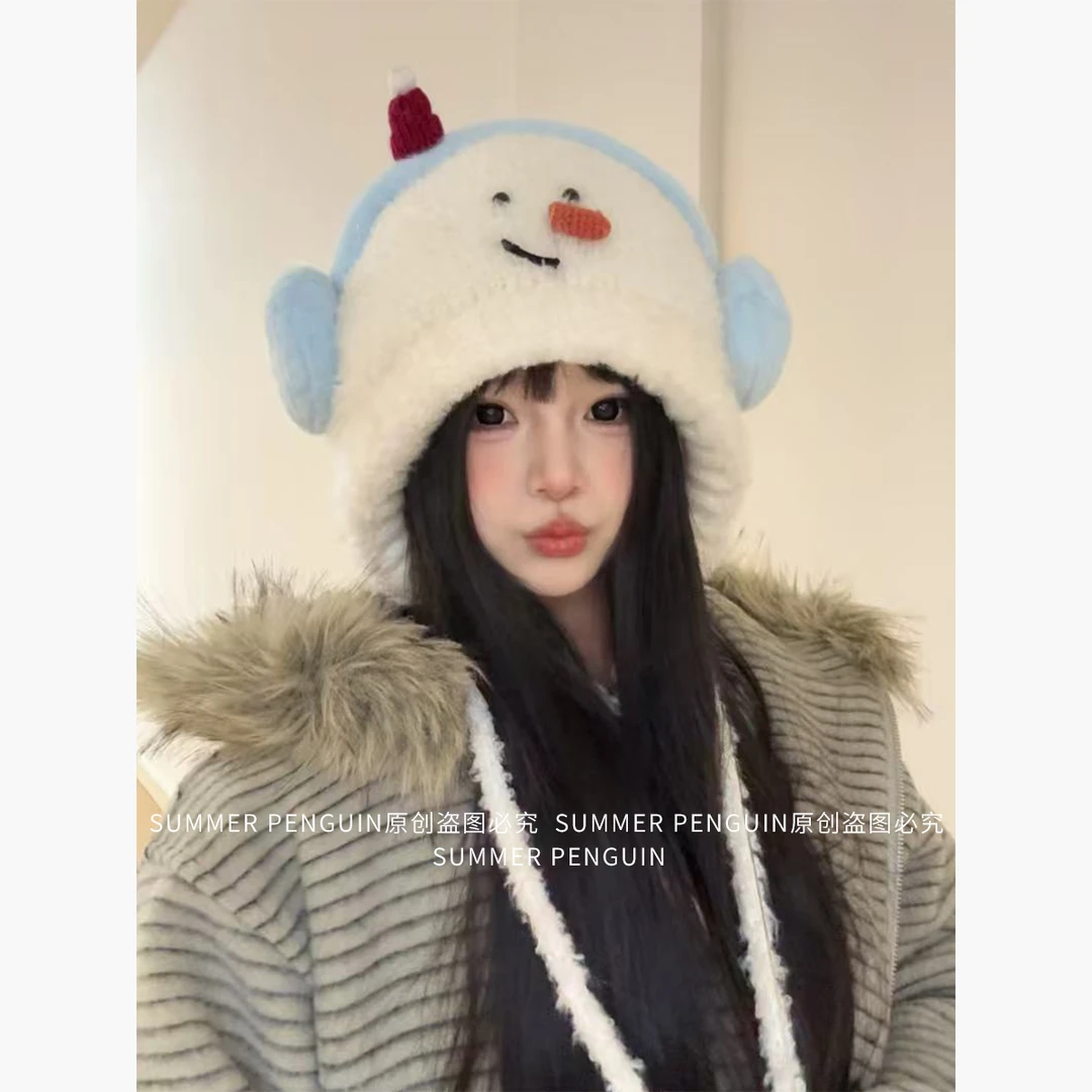 SUMMER PENGUIN卡通可爱耳机毛绒系列针织帽子女冬简约百搭毛线帽