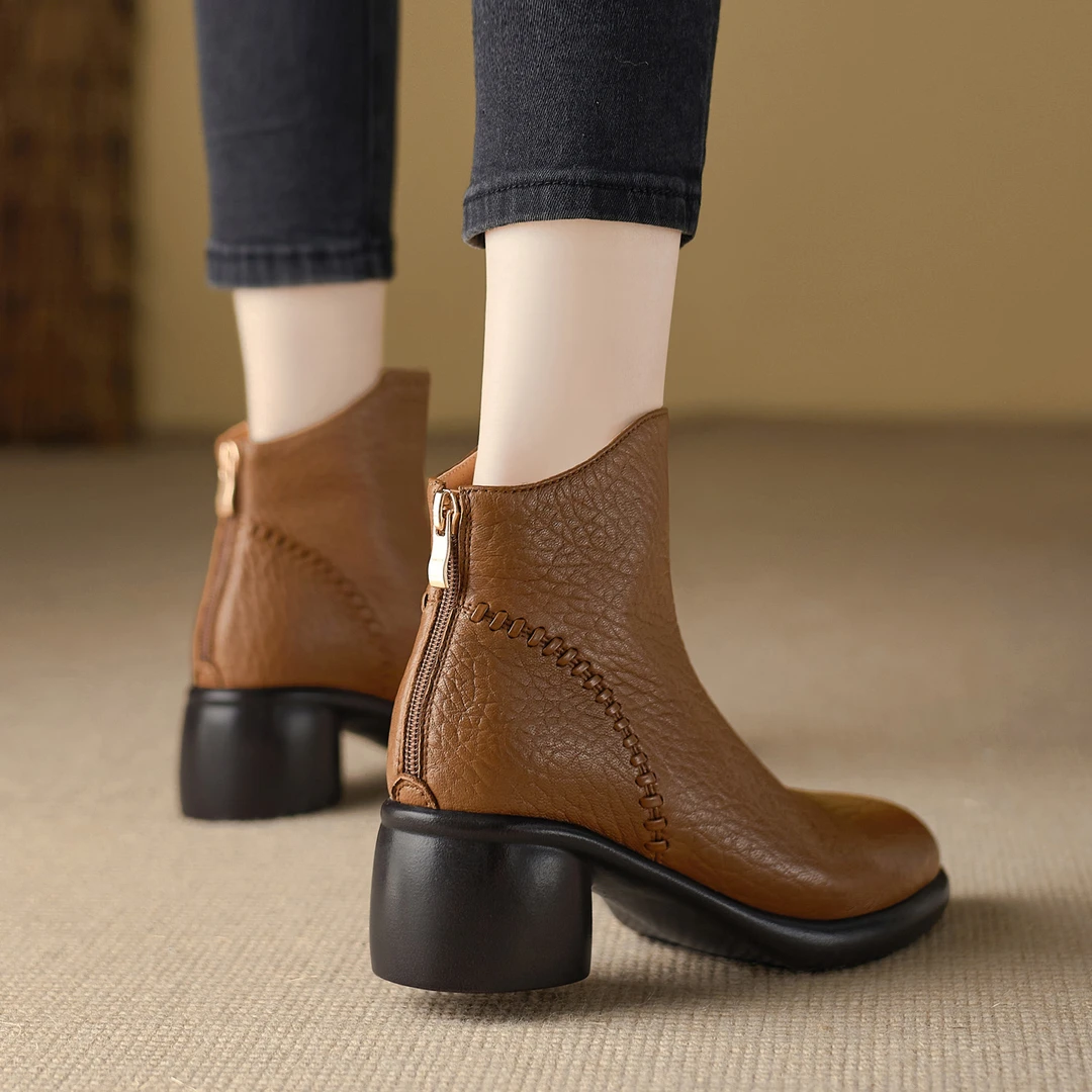 修悦~5.5cm粗跟短靴羊皮切尔西靴圆头高跟厚底马丁靴冬季加绒靴子