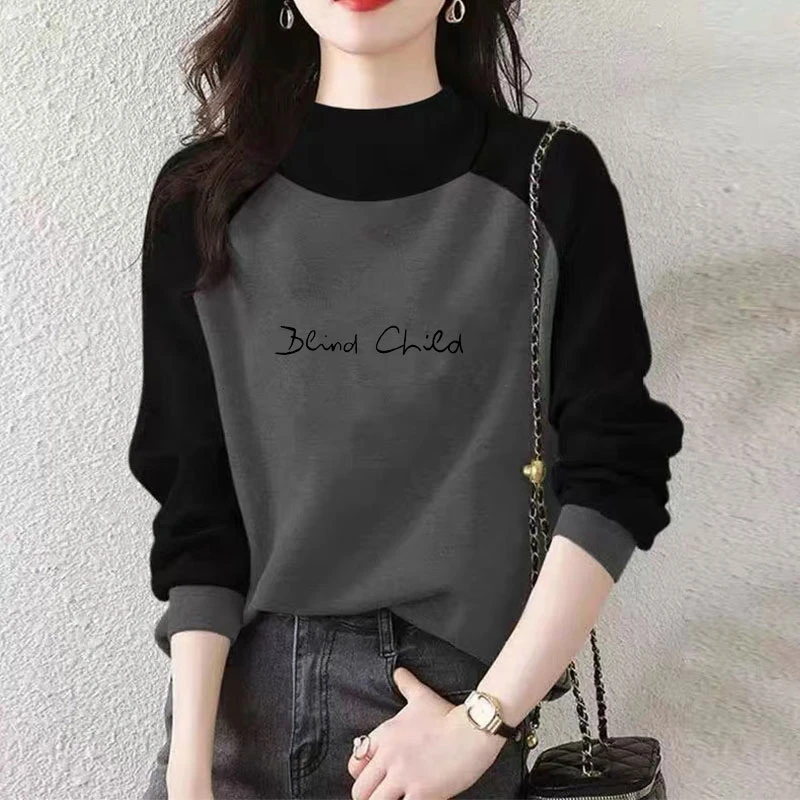 撞色印花半高领拼接撞色插肩袖宽松显瘦棉质舒适女装秋冬长袖上衣