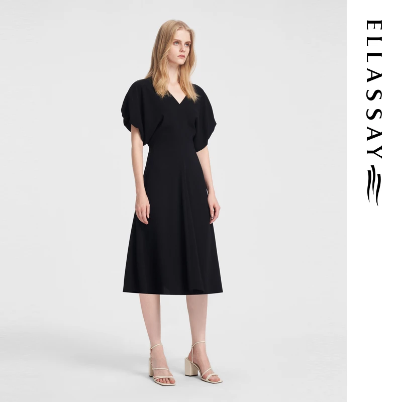 ELLASSAY歌力思夏季三醋酯法式优雅垂感V领连衣裙EWB352Y03800