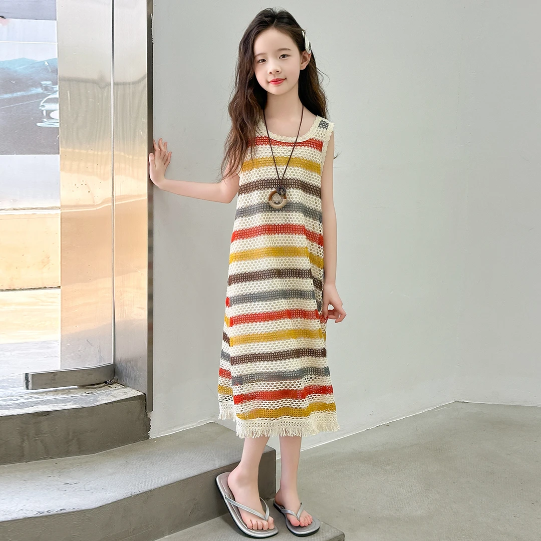 女童夏装镂空连衣裙2025新款薄款冰丝长裙女大童时髦条纹背心裙潮