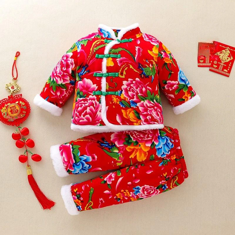 儿童东北大花棉袄冬季男女宝宝加绒加棉男童外套冬季加绒加厚带帽