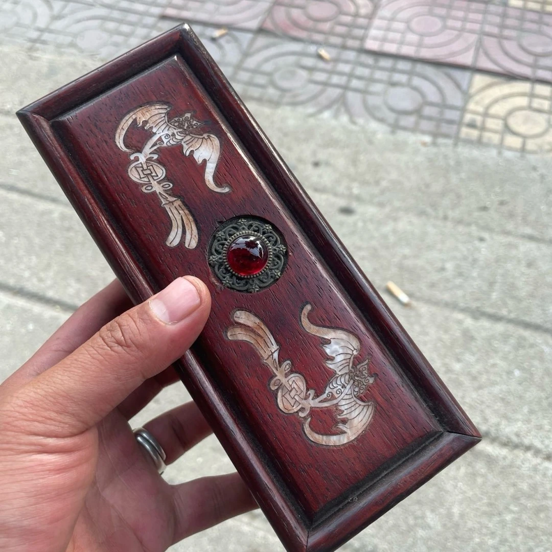 花梨木镶嵌工艺推拉盒 首饰盒 尺寸18/7/6厘米 老式实木盒子