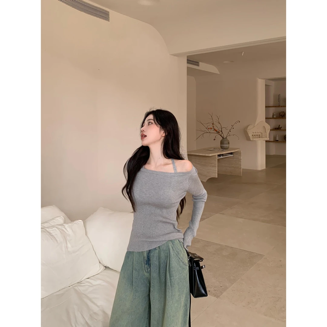 实拍 挂脖修身显瘦打底衫长袖一字肩针织上衣