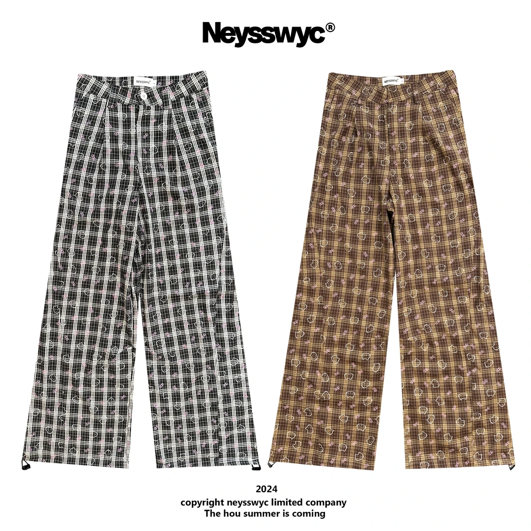 NEYSSWYC 格纹ins小众休闲长裤夏季凉快薄款宽松卡通女裤可爱满印