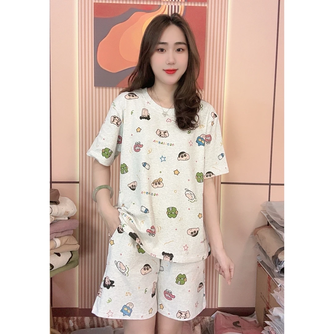 睡衣女夏季新款纯棉短袖短裤日系卡通甜美家居服套装（小新家族）